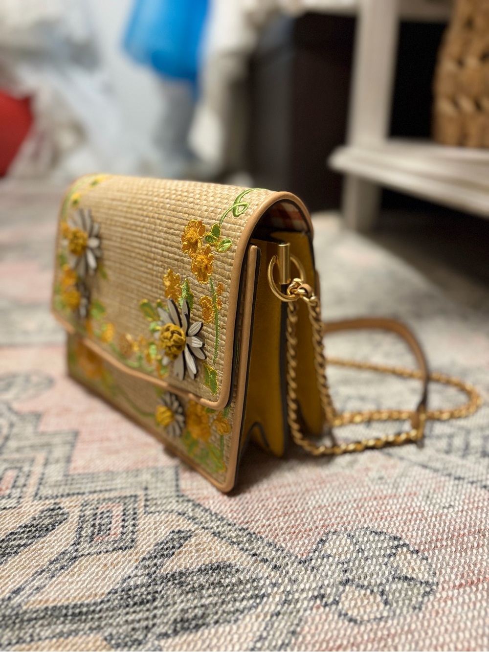 Tory Burch Embroidered Yellow Floral Woven Crossbody Bag - Picture 3 of 13